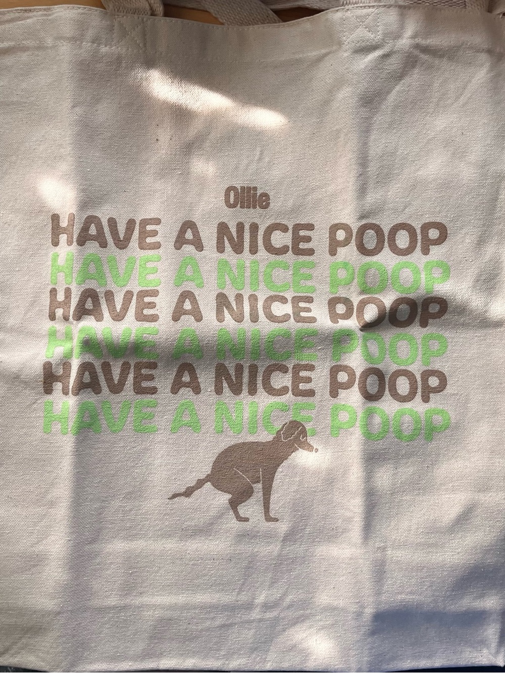 Ollie Cream Tote with Brown Dog Graphic and Green Text